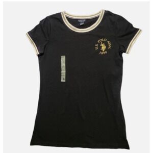 U.S. Polo Assn. Women T-Shirt Glitter Gold Cap Sleeve Top Black Size Small NWT